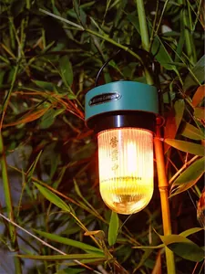 Rechargeable retro LED camping lantern with warm light hanging in a bamboo forest scene