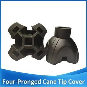 Detail view of durable black 19mm anti-slip four-prong rubber tip for walking cane