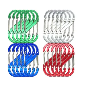 Detailed view of multiple colored S-shaped aluminum carabiners in four different colors