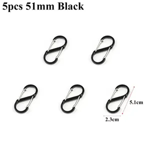 Set of 5 black S-shaped aluminum carabiners with dimensions 5.1cm by 2.3cm