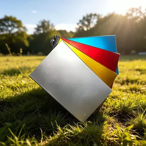 Detail view of multicolored RFID blocking aluminum card holders fanned out on green grass