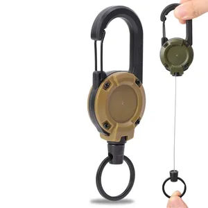 Detail view of heavy-duty retractable tactical keychain with steel wire for outdoor fishing