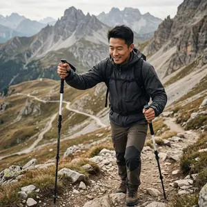 Detailaufnahme eines Wanderers mit Trekkingstöcken aus Aluminiumlegierung auf Bergpfad