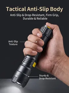 Détail d'une lampe de poche LED tactique rechargeable avec une poignée texturée antidérapante