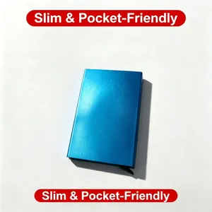 Detail of slim blue aluminum RFID blocking credit card holder in pocket-friendly design