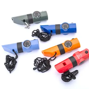 7-in-1 multifunctional survival whistles with LED compass and thermometer, multi-color set