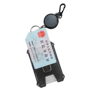 Detail showing the retractable mechanism and durable carabiner clip of the metal ID badge holder