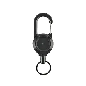 Close-up of a heavy-duty black retractable carabiner for outdoor gear and keys.