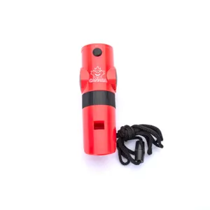 Red 7-in-1 multi-functional survival whistle with LED light and compass for outdoors