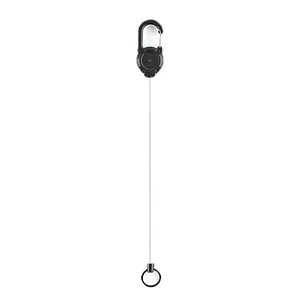 Detail view of a retractable heavy-duty carabiner keychain with steel cord extension