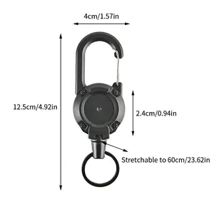 Detailed size diagram of the retractable outdoor carabiner showing 60cm stretch length