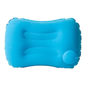 Blue portable inflatable camping pillow with press-type air valve