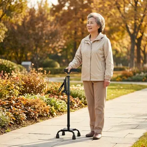 Donna anziana con bastone da passeggio regolabile a quattro piedi nel parco
