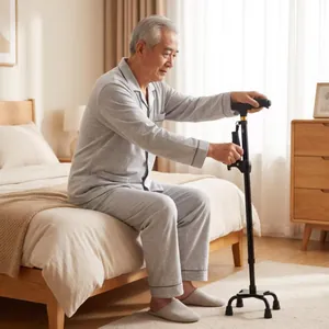Anziano uomo asiatico seduto sul letto con un bastone da passeggio a quattro piedi.