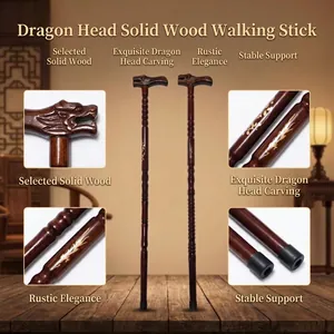 Premium solid wood walking stick for elderly with handcrafted dragon head handle detail