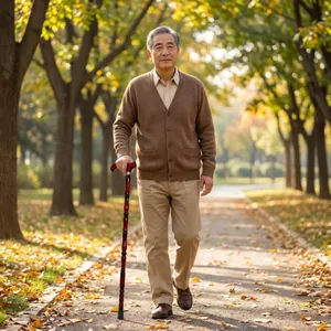 Elderly man walking in an autumn park using a solid wood cane with an ergonomic handle.