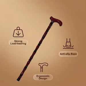 Detail of ergonomic solid wood walking cane with non-slip base and high load-bearing