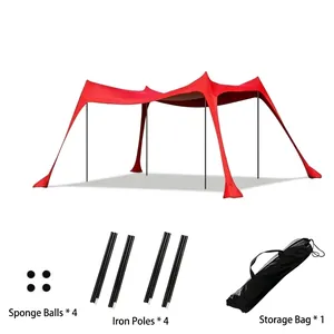 Professional Red Lycra Beach Tent Sunshade Canopy Set with 4 Iron Poles and Carry Bag
