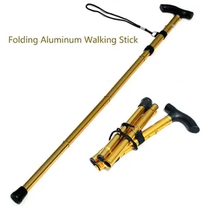 Premium golden portable folding aluminum alloy walking cane with telescopic design for hiking