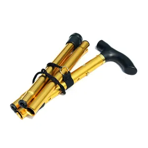 Portable gold aluminum alloy foldable walking stick with ergonomic T-handle for hiking