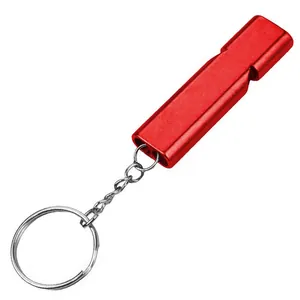 High-decibel emergency survival aluminum whistle keychain in vibrant metallic red finish