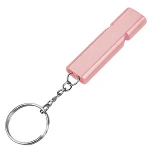Pink aluminum alloy dual-frequency survival whistle with keychain for outdoor safety