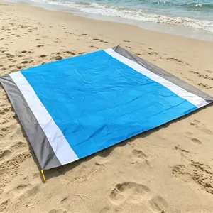 Large waterproof 210T polyester sand-free beach mat in blue, white, and grey colors