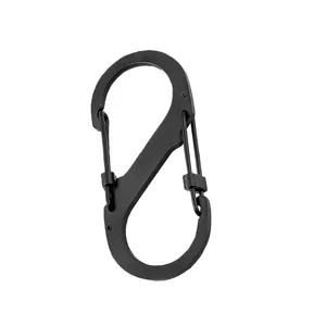 Close-up macro view of a matte black S-shaped dual-gate carabiner for outdoor EDC gear and camping