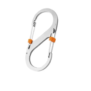 Detailed view of heavy-duty stainless steel S-shaped carabiner with orange sliding locks