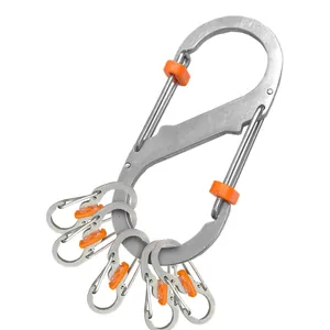 Detail of 8-shape stainless steel carabiner with five small locking clips