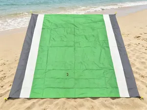 Waterproof sand-free beach mat with portable design and green white grey striped pattern