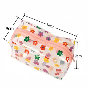 Detalle de neceser floral transparente con dimensiones de 18cm x 9cm x 9cm de tamaño