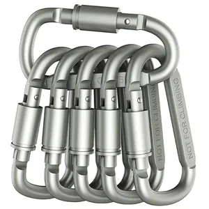 Detail view of 8cm D-shaped aluminum alloy carabiners with safety screw lock mechanisms.