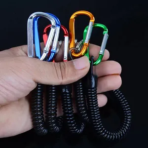 Close-up view of colorful carabiners attached to black coiled retractable fishing lanyards