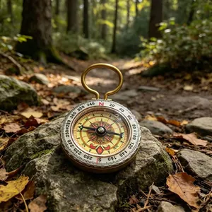 Close-up of a vintage brass compass on a rock in a lush forest setting