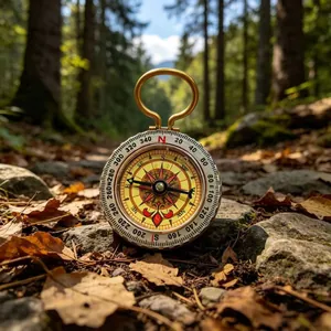 Vintage brass outdoor compass placed on forest leaves with warm cinematic sunlight detail