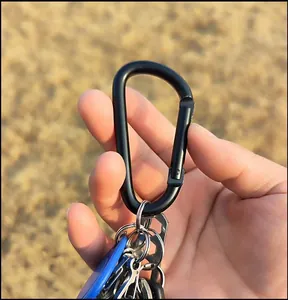 Detailed view of a black D-shaped aluminum alloy carabiner used as a secure keychain.