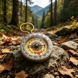 Macro detail of a vintage brass pocket compass resting on rocks in a forest setting