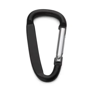 Nahaufnahme eines schwarzen D-förmigen Aluminiumkarabiners mit silbernem Schnapper