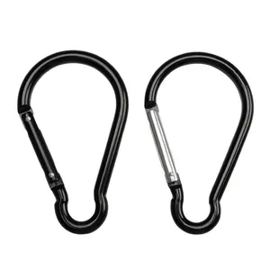 Two black bulb-shaped aluminum carabiners for camping and outdoor use.