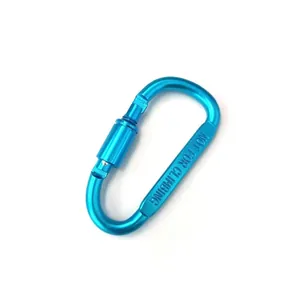 Close-up view of a blue 8cm locking aluminum carabiner with NOT FOR CLIMBING text