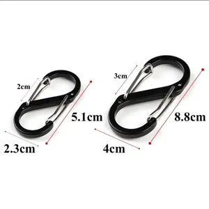 Size details of black S-shaped aluminum carabiners in 5.1cm and 8.8cm lengths