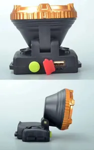 Detail view of rechargeable LED headlamp with USB charging ports and adjustable head
