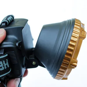 Detail view of the adjustable hinge and lamp head on a rechargeable outdoor LED headlamp