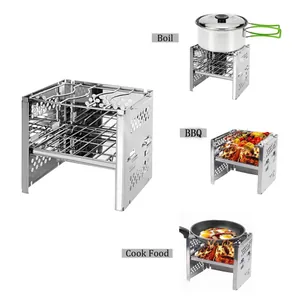 Vista dettagliata della stufa da campeggio portatile in inox con funzioni BBQ e bollitura