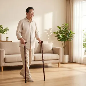 Elderly Asian man using two solid wood walking sticks in a bright, modern living room