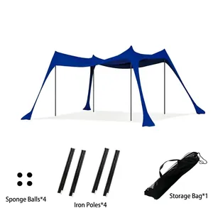 Blue Lycra beach canopy tent set with poles, sponge balls, and storage bag