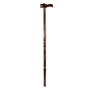 Premium dark brown solid wood walking cane with elegant floral inlay design for seniors