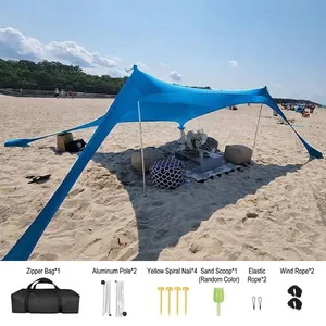 Blue Lycra beach sunshade tent kit with aluminum poles and sand pegs for camping