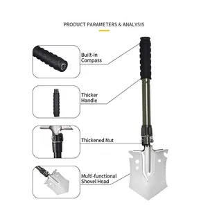 Multi-functional folding camping shovel features with analysis callouts and compass